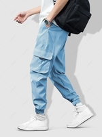 Pantalon Cargo de Jogging en Couleur Unie avec Multi-Poches à Cordon L Bleu clair