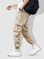 Pantalon Cargo de Jogging en Couleur Unie avec Multi-Poches à Cordon L Café lumière