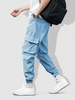 Pantalon Cargo de Jogging en Couleur Unie avec Multi-Poches à Cordon M Bleu clair