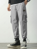 Pantalon Cargo en Couleur Unie Label avec Multi-Poches M Gris clair