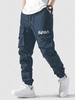Pantalon Cargo Lettre Graphique à Pieds Etroits avec Multi-Poches à Cordon L Bleu foncé toile de jean