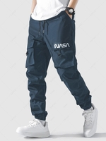 Pantalon Cargo Lettre Graphique à Pieds Etroits avec Multi-Poches à Cordon M Bleu foncé toile de jean