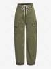 Pantalon Cargo Parachute à Taille Haute à Cordon L Vert profond