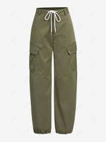 Pantalon Cargo Parachute à Taille Haute à Cordon L Vert profond