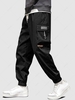 Pantalon Cargo Rebord Elastique Lettre Imprimée avec Poche Design à Cordon L Noir