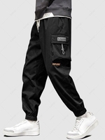 Pantalon Cargo Rebord Elastique Lettre Imprimée avec Poche Design à Cordon L Noir
