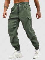 Pantalon Cargo Solide Couleur Multi-Poches Design à Pieds Etroits S Vert profond
