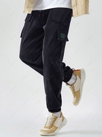 Pantalon Cargo Technique Lettre Applique à Cordon en Velours Côtelé Xl Noir