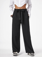 Pantalon Ceinturé à Jambe Large à Taille Empire M Noir