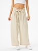 Pantalon Ceinturé en Couleur Unie Taille Haute à Jambe Large L Café lumière