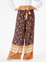 Pantalon Ceinturé Floral Bohémien à Jambes Larges M Bleu profond