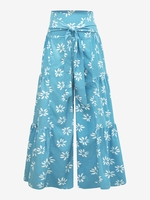 Pantalon Ceinturé Plissé à Imprimé Fleuri à Jambe Large M Bleu clair