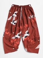 Pantalon Court Grue Volant Vague de Mer Imprimée M Rouge vineux
