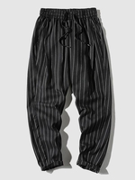 Pantalon Décontracté Motif de Rayure Fine à Cordon S Noir