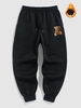 Pantalon de Jogging à Imprimé Ours et Rose de Poche à Cordon L Noir