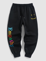 Pantalon de Jogging Graphique Lettre Visage Souriant Coloré à Doublure en Laine L Noir