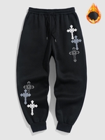 Pantalon de Jogging Thermique Motif de Croix à Doublure en Laine M Noir