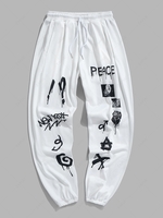 Pantalon de Survêtement à Imprimé Lettre Rose Graffitis à Cordon M Blanc
