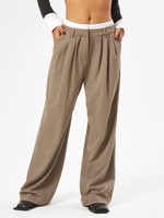 Pantalon Droit Plissé Bicolore à Taille Haute M Café
