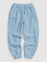 Pantalon en Tissu Duveteux Fourré en Couleur Unie à Pieds Etroits L Bleu clair