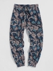 Pantalon Ethnique Texturé Elastique en Coton et Lin à Revers L Bleu
