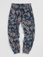 Pantalon Ethnique Texturé Elastique en Coton et Lin à Revers L Bleu