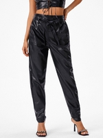 Pantalon Fuselé Ceinturé en Cuir PU S Noir