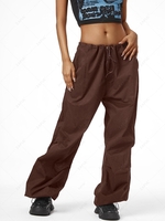 Pantalon Parachute à Jambes Larges à Taille Basse à Cordon de Serrage L Café profond