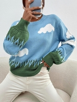 Pull à Motif Nuage à Manches Lanternes M Bleu clair