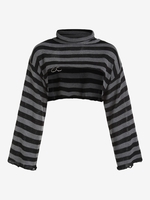 Pull Boléro Rayé Contrasté Anneau en O à Col Haut S Gris foncé