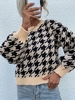 Pull Carreaux à Grille Epaule Dénudée à Manches Lanternes M Noir