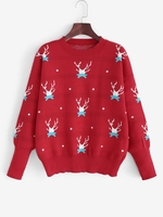 Pull Cerf de Noël à Goutte Epaule Taille unique Rouge