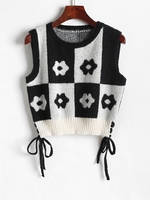 Pull Court Bicolore Fleuri Graphique à Lacets M Noir