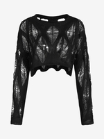 Pull Court Déchiré Ajouré en Maille S Noir