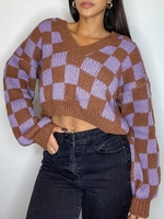 Pull Court Epais à Carreaux L Violet clair