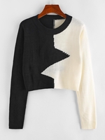 Pull Court Zigzag en Blocs de Couleurs sans Col M Noir