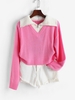 Pull Court Zippé en Blocs de Couleurs Maille L Rose clair