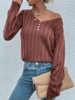 Pull Côtelé Perlé avec Bouton en Avant à Col V Maille M Café profond