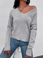 Pull en Couleur Unie à Goutte Epaule à Col V S Gris foncé