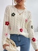 Pull en Tricot à Câble Applique Fleuri à Col Rond S Blanc
