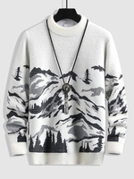 Pull en Tricot Motif de Montagne à Col Montant S Blanc
