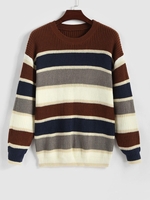 Pull en Tricot Rayé en Blocs de Couleurs M Café