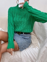 Pull en Tticot à Câble en Couleur Unie à Col Montant M Vert