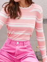 Pull Festonné Rayé à Col Montant Taille unique Rose clair