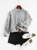 Pull Goutte Epaule avec Fausse Perle à Col Montant Maille S Gris