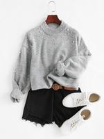 Pull Goutte Epaule avec Fausse Perle à Col Montant Maille S Gris