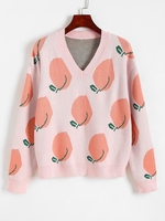 Pull Graphique Fruit Goutte Epaule à Col V S Rose clair