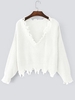 Pull Lâche Effiloché à Col en V Taille unique Blanc