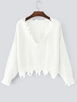 Pull Lâche Effiloché à Col en V Taille unique Blanc