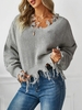 Pull Lâche Effiloché à Col en V Taille unique Gris